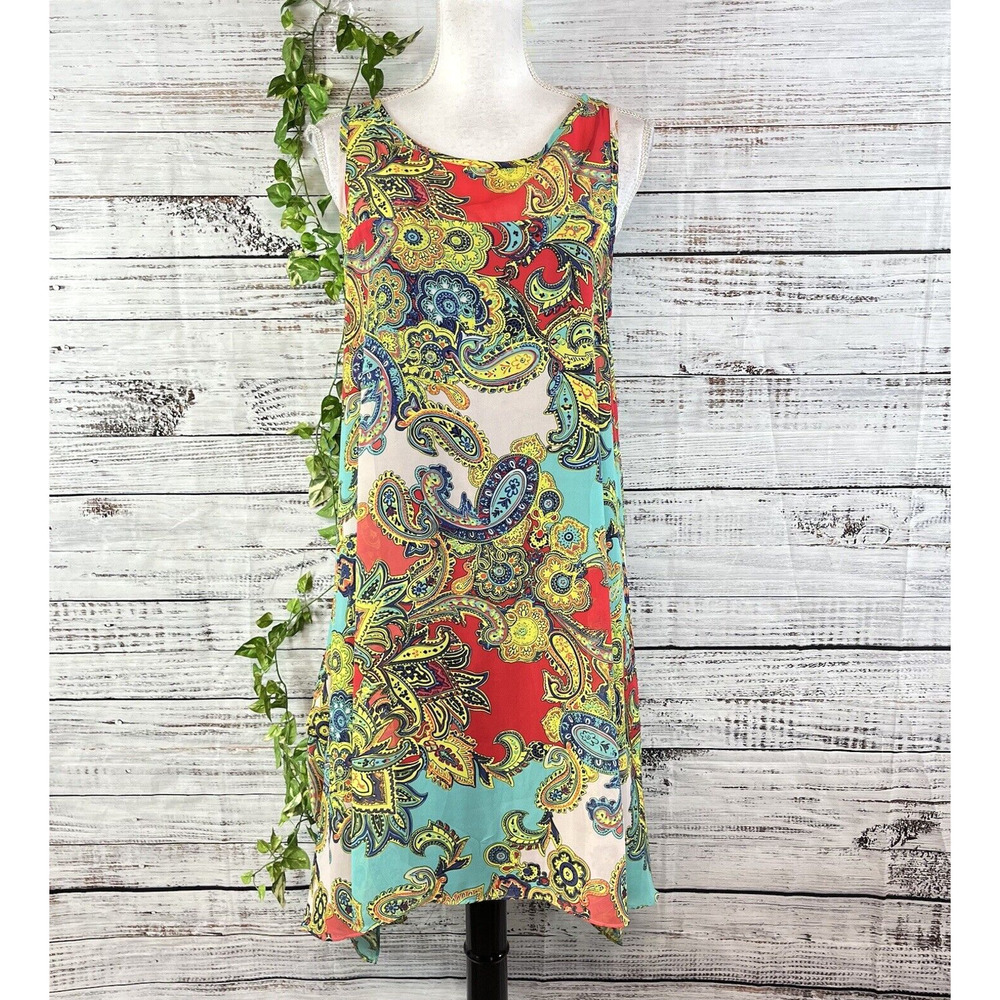 Robbie Bee Tunic Dress size 12 Pink Yellow Paisley Sheer A Line Lagenlook Boho